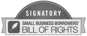 Signatory badge featuring the Small Business Borrowers' Bill of Rights logo, with a feather icon and bold text.